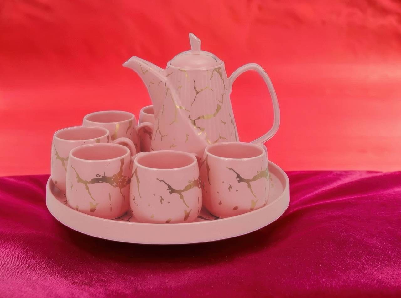 TM89 Pink Perlengkapan Minum Teh Livia dengan motif Marmer